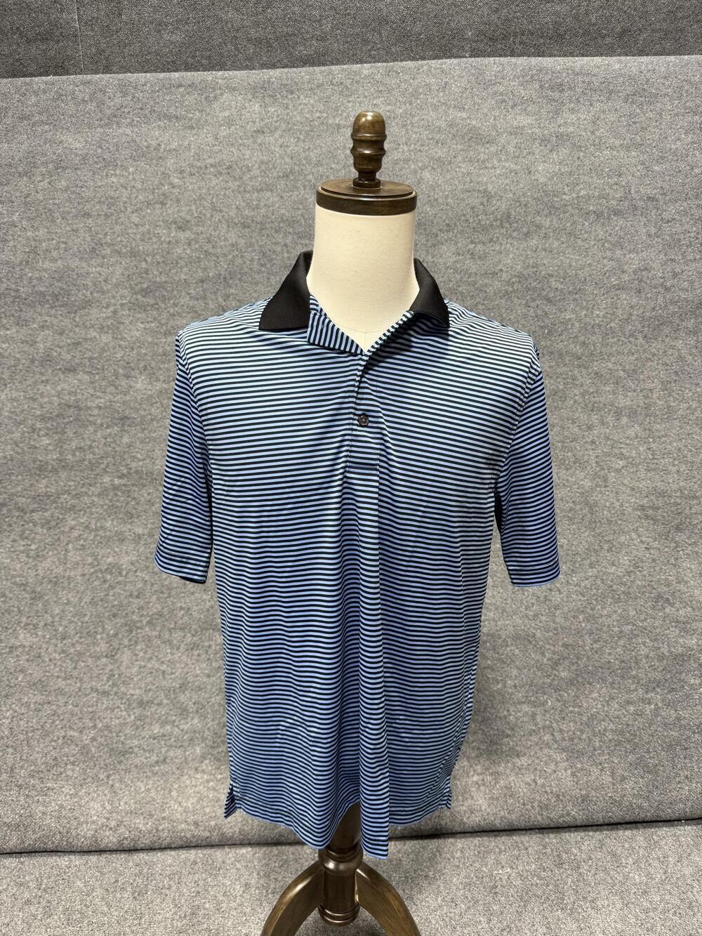 Performance Polo Shirt Mens Medium Blue Striped Golf Performance Knit Top